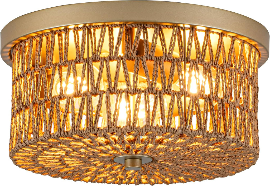 3-Light Round Woven Rattan Boho Flush Ceiling Light