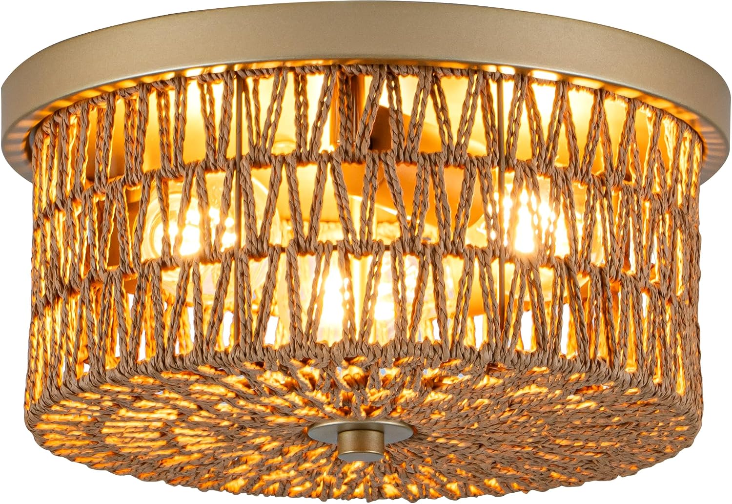 3-Light Round Woven Rattan Boho Flush Ceiling Light