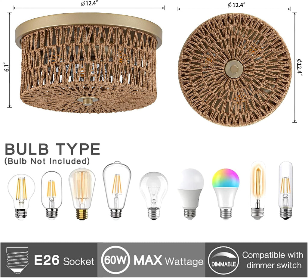3-Light Round Woven Rattan Boho Flush Ceiling Light