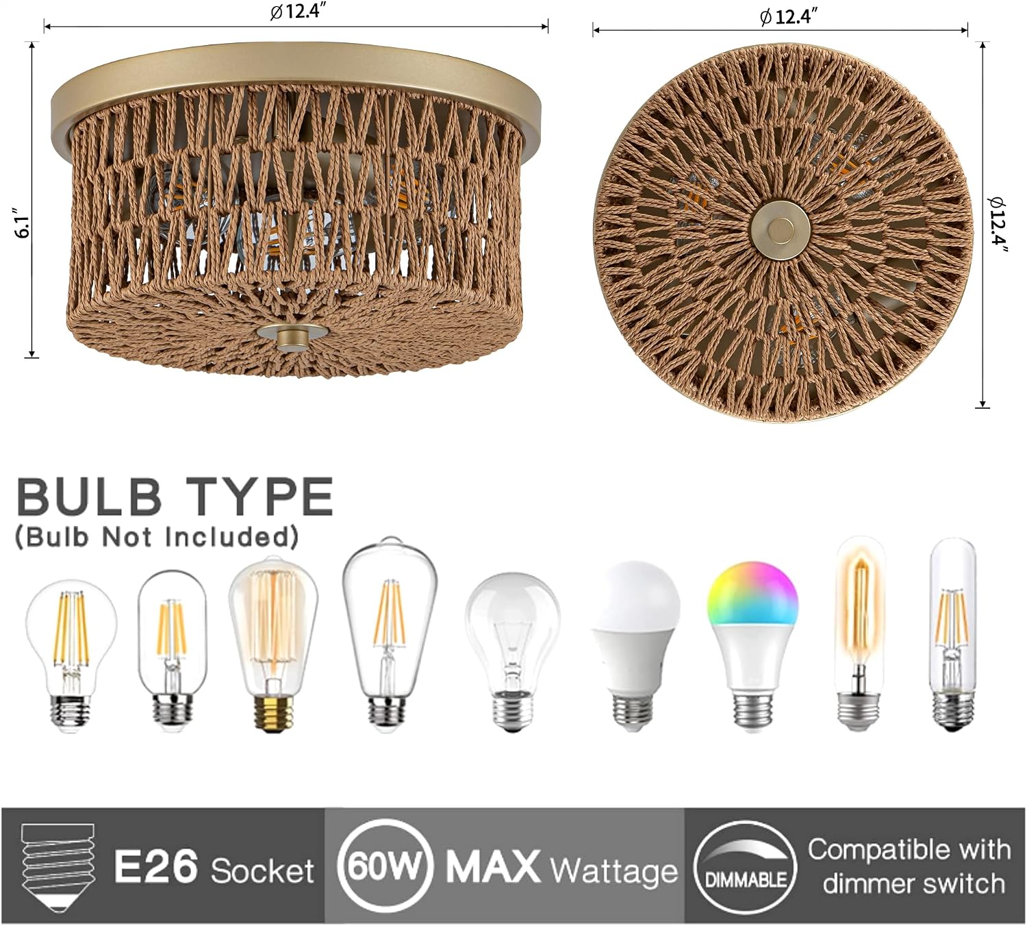 3-Light Round Woven Rattan Boho Flush Ceiling Light