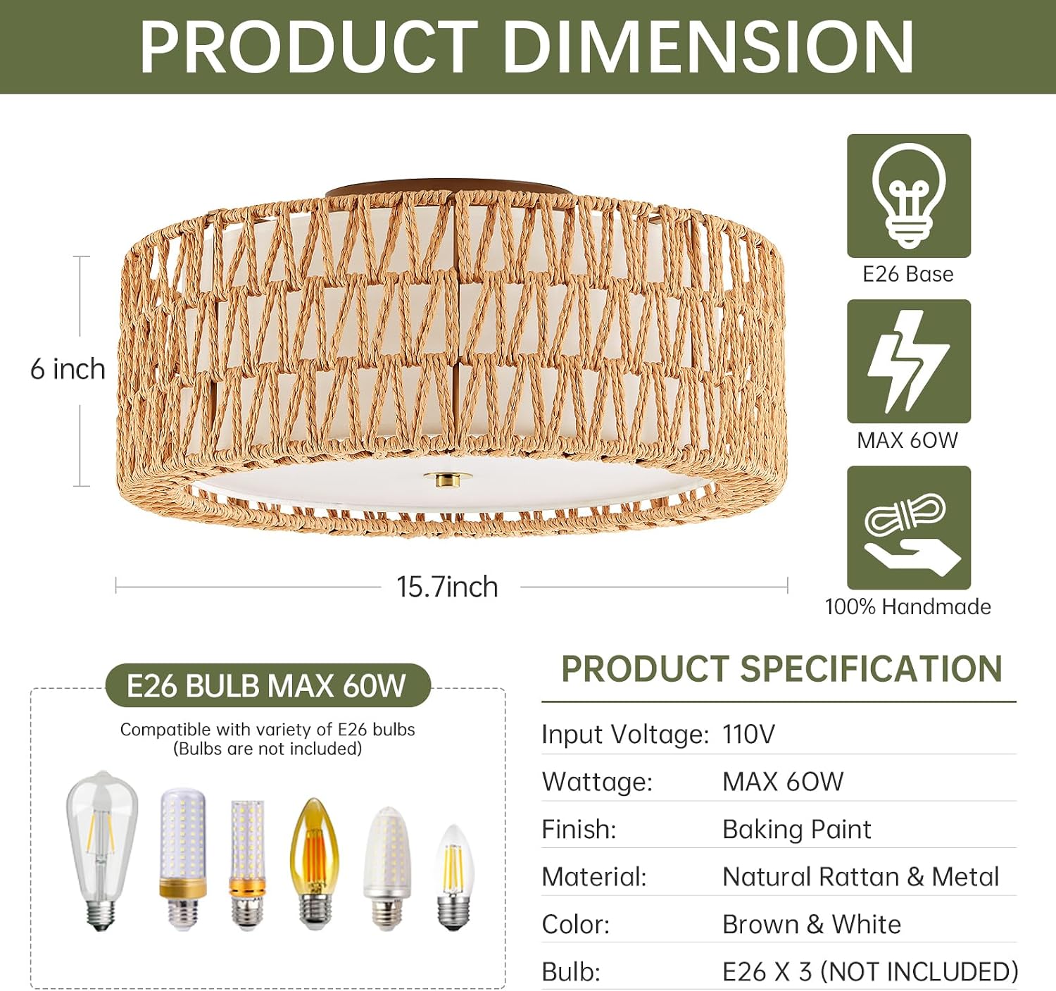 15.7 Inch 3-Light Woven Rattan Boho Semi Flush Ceiling Light