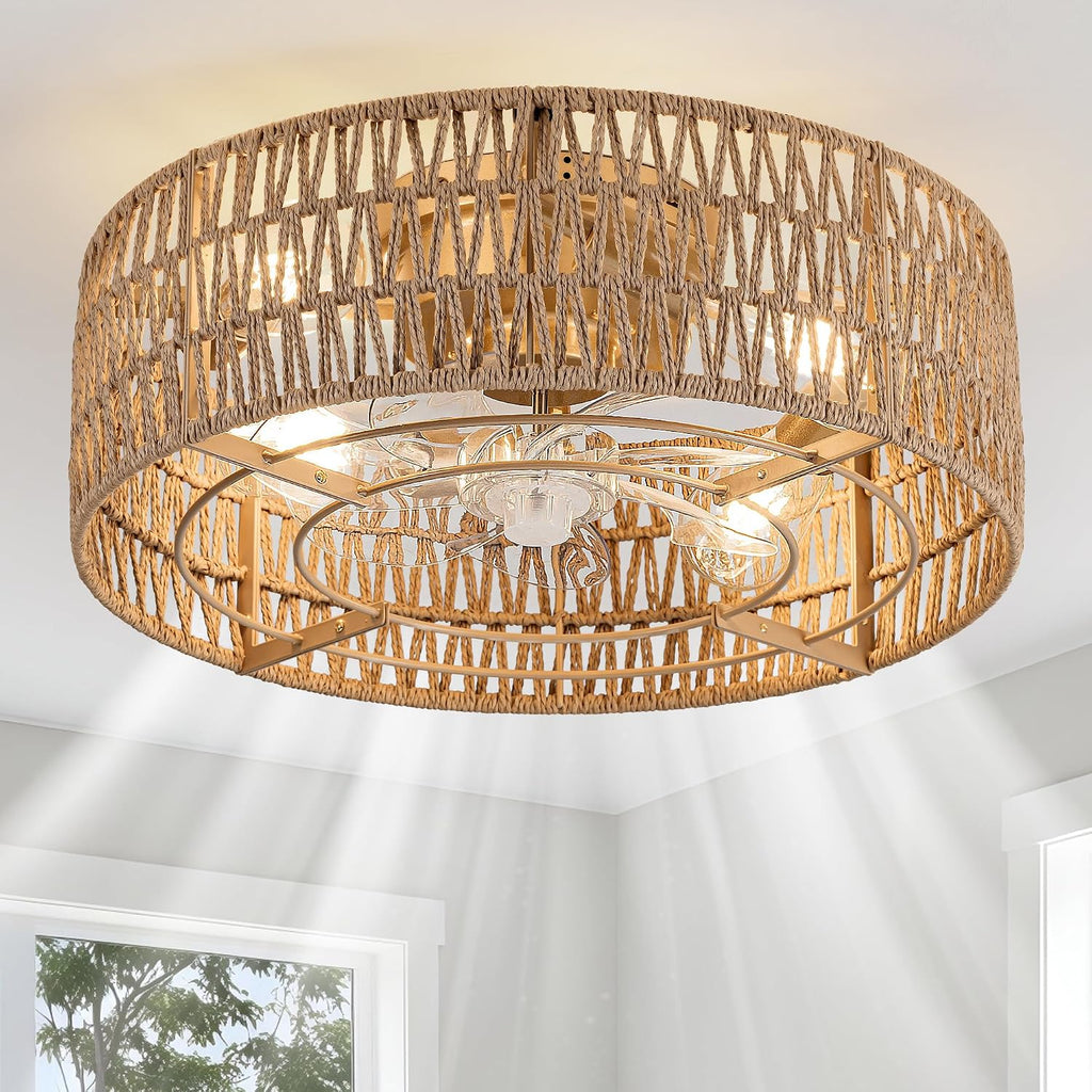 Rattan Caged Fan Light With Remote