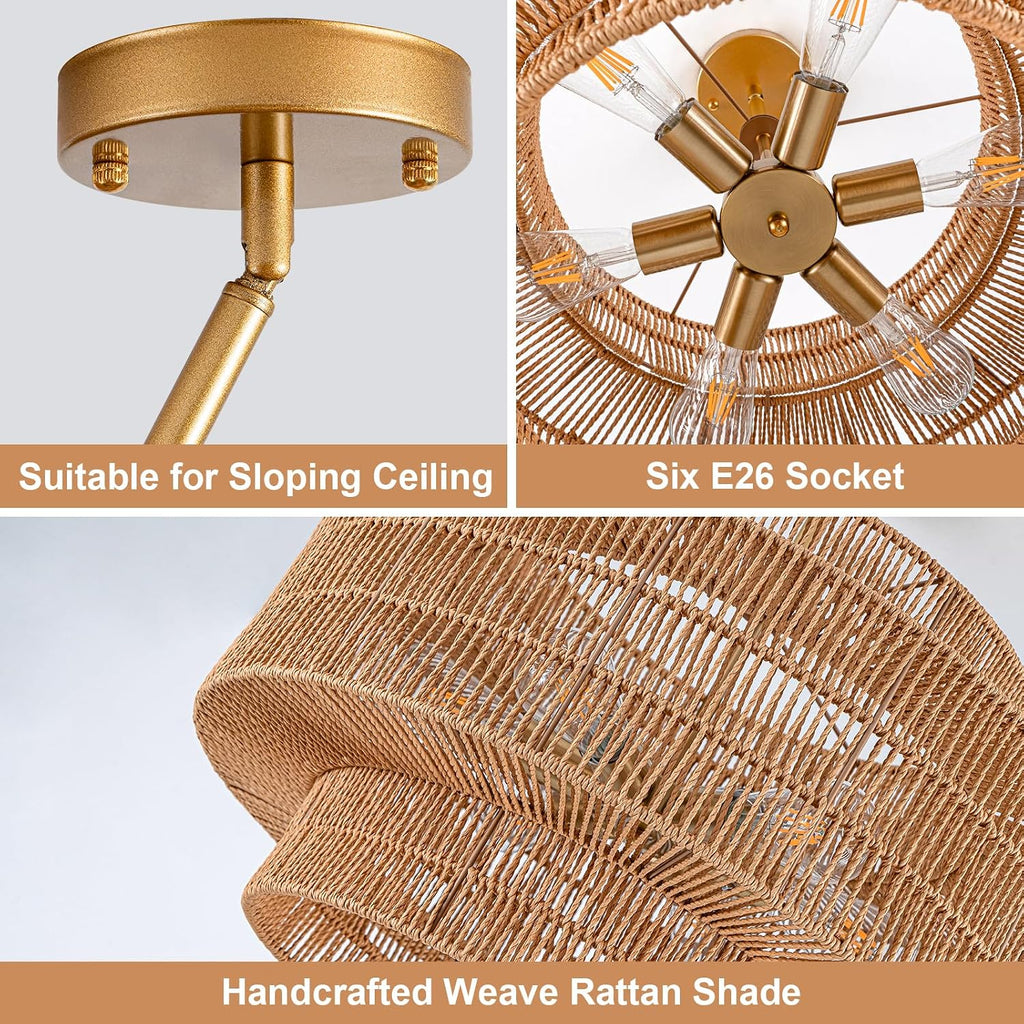 23.6 Inch 6-Light 3-Tier Rattan Drum Boho Ceiling Chandelier